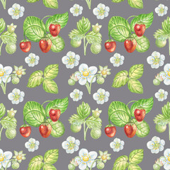 Seamless watercolor pattern with strawberry,strawberry flowers and leaves isolated on grey background. Good for fabrics,textile,wrapping.