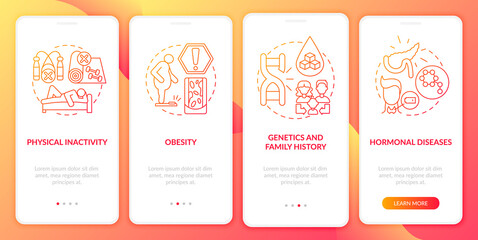 Diabetes causes onboarding mobile app page screen. Genetics and family history walkthrough 4 steps graphic instructions with concepts. UI, UX, GUI vector template with linear color illustrations