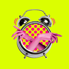 Dangerous or slowly times. Minutes last forever. Retro alarm or clock with female hands against light yellow background. Contemporary art collage.