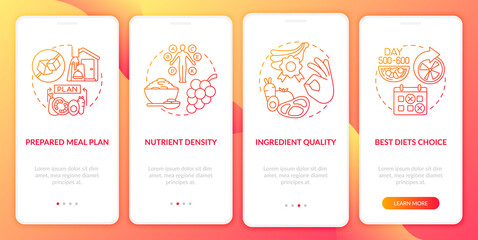 Meal delivery for diabetics onboarding mobile app page screen. Ingredient quality walkthrough 4 steps graphic instructions with concepts. UI, UX, GUI vector template with linear color illustrations