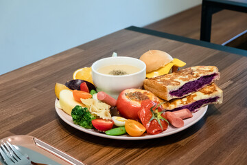 hearty breakfast on desk