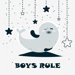 Cute seal, an animal character in blue tones. Poster for the boy's nursery. Vector illustration