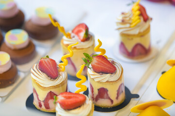 Pastry shop glass display with selection of sweets and cakes. Confectionery shop display background. Delicious sweet treats variety.  
Fraisier cake with fresh fruits. Small buisness concept.