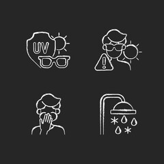 UV rays exposure risk chalk white icons set on dark background. Sunglasses to protect eyes from sunlight. Heatstroke danger. Cooling shower. Isolated vector chalkboard illustrations on black