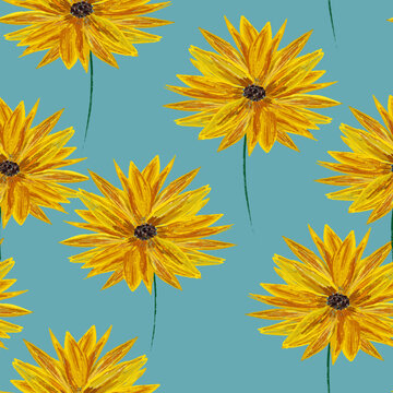  Seamless pattern sunflowers Hand  drawn, naturalistic yellow-orange flowers. Summer print. Design for fabric, textile, packaging, flower shop, website, florist