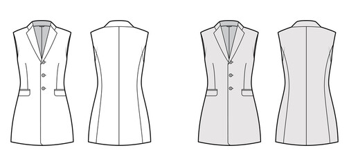 Fototapeta premium Sleeveless jacket lapelled vest waistcoat technical fashion illustration with notched collar, button-up, fitted body. Flat template front, back, white, grey color style. Women, men unisex CAD mockup
