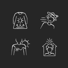 Sunstroke risk during summer chalk white icons set on dark background. Long sleeves and loose clothing. Sunburn in summer. Stay inside during heat. Isolated vector chalkboard illustrations on black