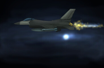fighter jet flying through the air at night