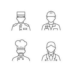 Fototapeta premium Hotel service linear icons set. Providing information for visitors. Helpful staff during vacation. Customizable thin line contour symbols. Isolated vector outline illustrations. Editable stroke