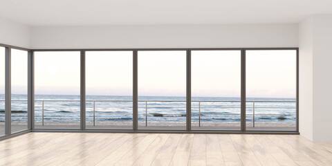 empty sea view living room with wooden floor and empty white wall background in beach house 3D rendering illustration