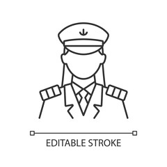Female captain linear icon. Main person during cruise. Comfortable ocean traveling. Thin line customizable illustration. Contour symbol. Vector isolated outline drawing. Editable stroke