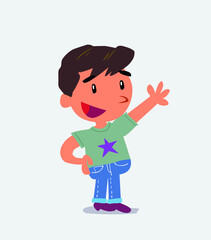  cartoon character of little boy on jeans explaining something while pointing.