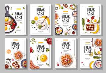 Set of promo flyers for breakfast menu, healthy eating, nutrition, cooking, fresh food, dessert, diet, pastry, cuisine. A4 vector illustration for banner, flyer, cover, advertising, menu, poster. - obrazy, fototapety, plakaty