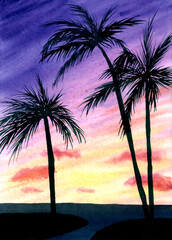 Watercolor hand drawn sunset with palm trees. Romantic illustration in yellow, pink, purple and black colors. Tropical landscape. Summer vacations, relax theme. Creative background for design