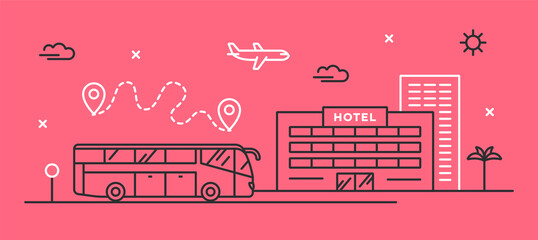 Linear vector illustration. Sightseeing bus near the hotel building. Concept for tourism business, transport service. 