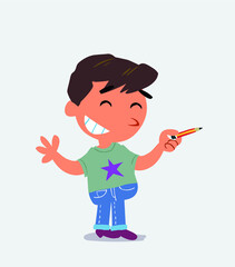 cartoon character of little boy on jeans says something funny while pointing to the side with a pencil