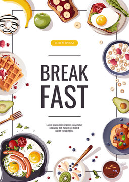 Promo flyer for breakfast menu, healthy eating, nutrition, cooking,  fresh food, dessert, diet, pastry, cuisine. A4 vector illustration for banner, flyer, cover, advertising, menu, poster.