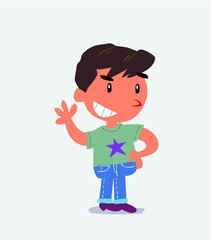 cartoon character of little boy on jeans waving while smiling