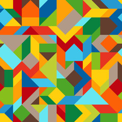 Abstract Geometric Asymmetric Colorful Seamless Pattern of Angular Shapes. Continuous Background from Blue, Brown, Green, Orange, Red, Yellow Figures.