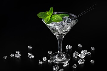 Mint ice cocktail tropical beverage. drink refreshment, ice on black background.