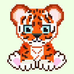 Pixel art tiger character isolated on white background. Wildlife/zoo/jungle animal icon. Cute 8 bit logo. Retro vintage 80s; 90s slot machine/video game graphics.