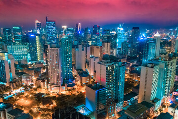 Night view of Skyscrapers Makati, the business district of Metro Manila, Philippines.