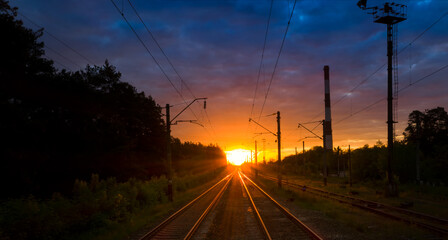 Railway at sunset or dawn. Travel concept.