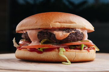 Fast food Burger, Chicken, Meat, Different type of sandwiches on a black background.