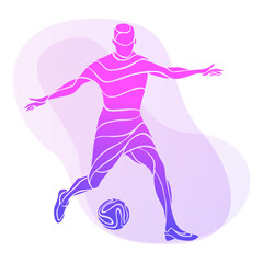 Fototapeta na wymiar Soccer player kicks the ball. Purple vector illustration