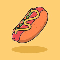 hotdog illustration design with grilled sausage topping and delicious mustard sauce. Isolated food design. Suitable for landing pages, stickers, book covers and icons