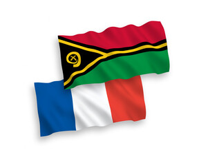 National vector fabric wave flags of France and Republic of Vanuatu isolated on white background. 1 to 2 proportion.