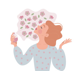 A cute woman or girl holds a bottle in her hand, sprays a cherry blossom perfume on herself and enjoys the scent. Vector illustration. Cherry Blossom Aroma.