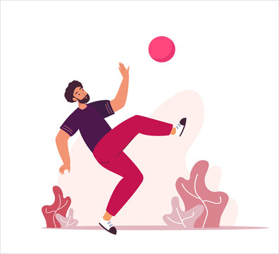Young Active Bearded Man Playing Football,Having Fun Outdoor.Sports Guy Jump with Ball.Bright picture for blogs,social media,prints,poster.Flat vector isolated on white background illustration