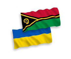 National vector fabric wave flags of Republic of Vanuatu and Ukraine isolated on white background. 1 to 2 proportion.