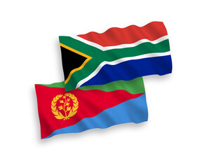 National vector fabric wave flags of Eritrea and Republic of South Africa isolated on white background. 1 to 2 proportion.