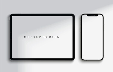 Realistic tablet and smartphone screen mockup with shadow on top of devices. Vector illustration with high detail.