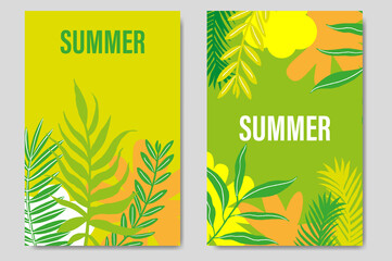 Set summer cards perfect for prints, flyers, banners, invitations, special offer. Tropical background. Palm trees. Summer landscape. Summer vacation concept. Vector illustration