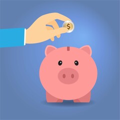 Hand of a man putting a dollar coin into a piggy bank 