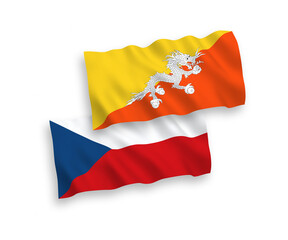 National vector fabric wave flags of Czech Republic and Kingdom of Bhutan isolated on white background. 1 to 2 proportion.