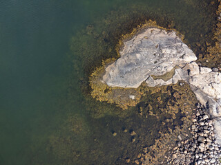 Bird's eye view of archipelago, coastline, cliffs and sea. Aerial, drone photography from above,...