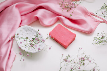 Handmade natural soap with ceramic dish, pink silver dress. Soap bars. Spa, skin care. Natural Organic spa cosmetic products 