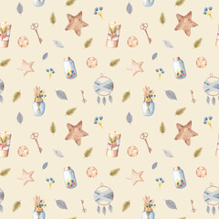 Watercolor pattern of vintage and eco-friendly elements