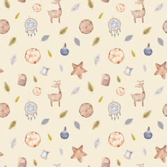 Watercolor pattern of vintage and eco-friendly elements