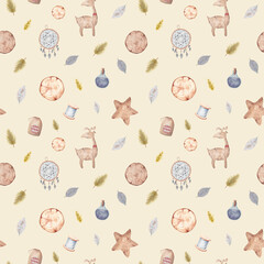 Watercolor pattern of vintage and eco-friendly elements