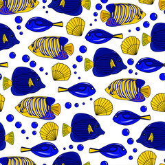 Blue Fishes Seamless Pattern with White Background.