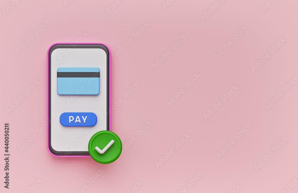 Poster online payment with smartphone and credit card. minimal background with copy space. 3d rendering