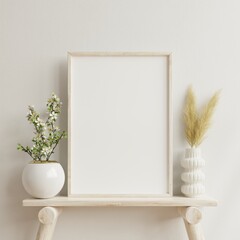 Interior poster mockup with vertical wooden frame in home interior background with vase.