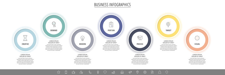 Modern vector infographics with seven circles. Business template with 7 steps for diagram, web, banner, presentations, flowchart, content, levels, chart, graphic, timeline