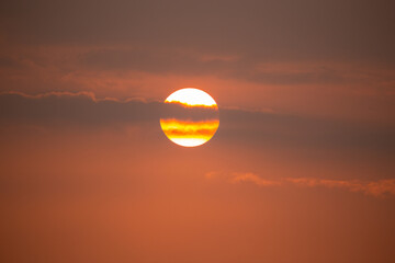 Sunset with orange twilight sky and forest in black shadow.