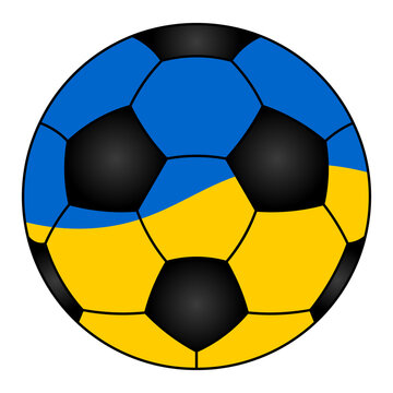 Soccer ball. Sports equipment is painted in the colors of the flag of Ukraine. Colored vector illustration. Isolated white background. Cartoon style. A toy for playing on the sports ground. 